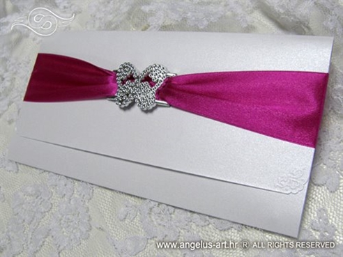 white greeting card with satin ribbon, silver butterfly and zircons