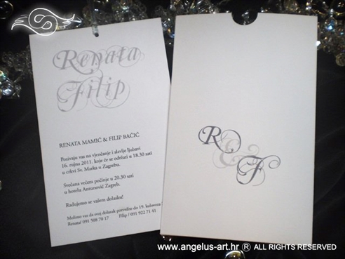bijela pozivnica za vjenčanje sa srebrnim monogramom