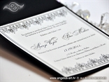 crna pozivnica za vjenčanje s čipkom i srebrnom mašnom