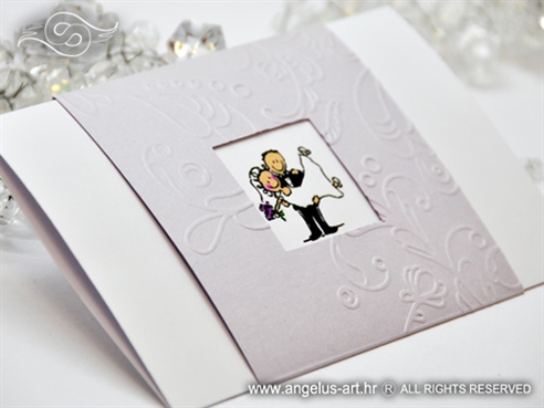 lila lavanda pozivnica za vjenčanje s prozorčićem i karikaturom