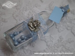 blue invitation for baptism in a bottle with a silver angel