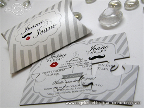 pozivnica za vjencanje u obliku puzzli s motivom brkova i usana
