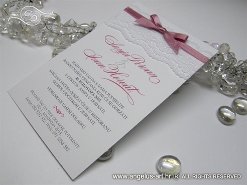 white lace and pink bow wedding invitation