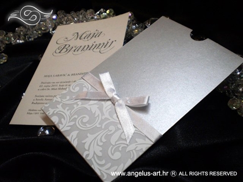srebrna etui pozivnica za vjenčanje s bijelom mašnom