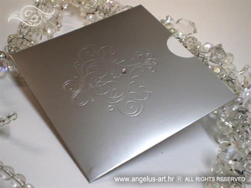 srebrna pozivnica za vjenčanje s ornamentom i cirkonom