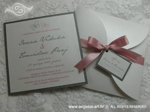 srebrno roza pozivnica za vjencanje s leptirima i masnom